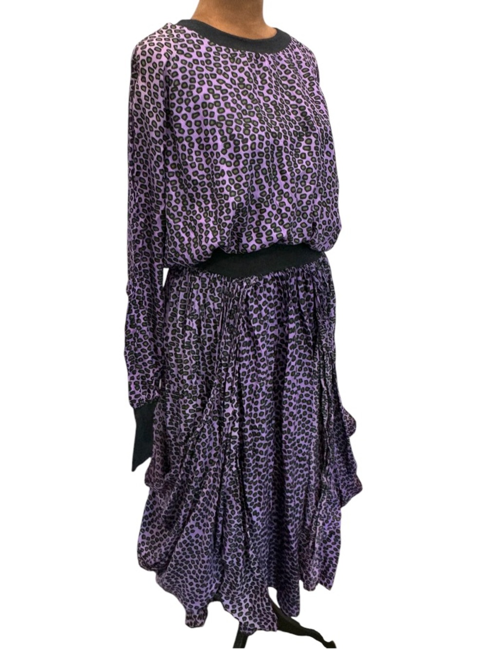 Vintage EXILE Bari Jay 100% Silk Purple Animal Print Goth Dolman Draped Dress M - Picture 5 of 12